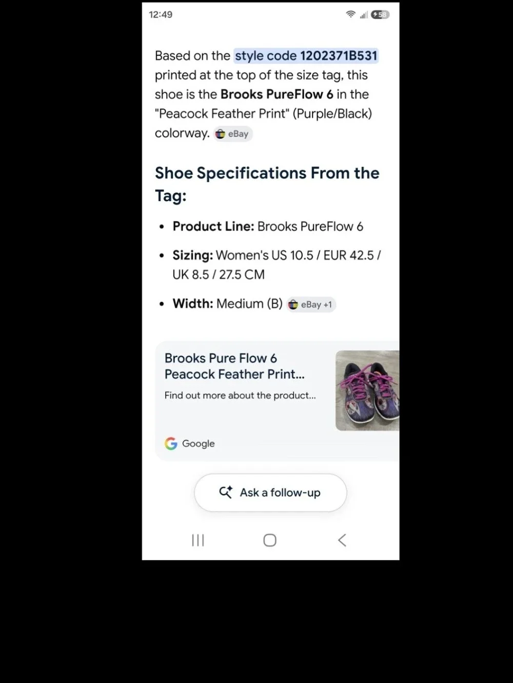 Brooks Pure Flow 6 Purple/Black Peacock Feather Patterned Women's Running Shoes - Picture 9 of 10